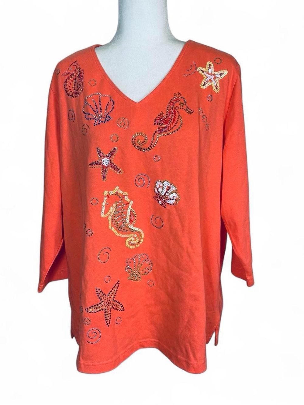 Quacker Factory Plus Size 2X Sequin Top Blouse Seahorse Seashell Starfish Print